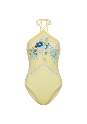 Self-Portrait floral-print halterneck swimsuit - Yellow