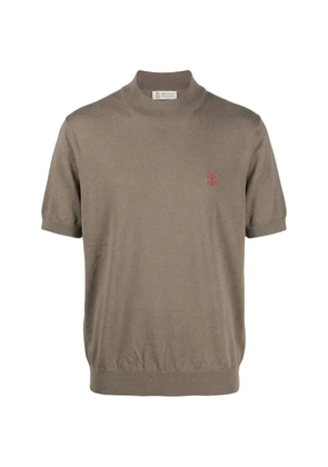 Brunello Cucinelli embroidered-logo short-sleeve mock-neck cotton T-shirt - Neutrals