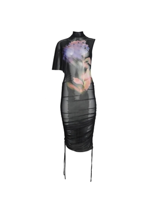 David Koma asymmetric-sleeve printed-mesh midi dress - Black