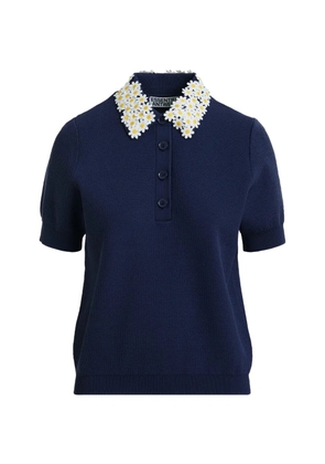 Essentiel Antwerp floral-embellished fine-knit polo top - Blue