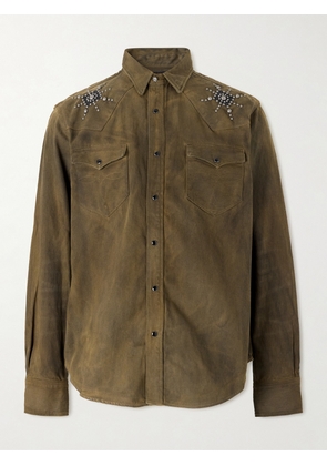 RRL - Buffalo West Studded Leather-Trimmed Denim Shirt - Men - Brown - S