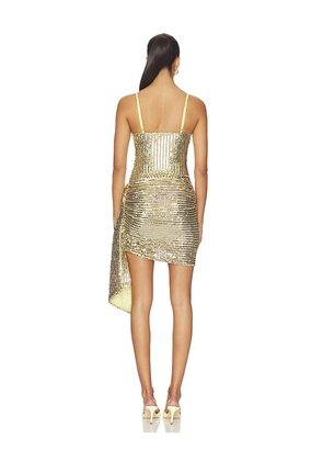 AREA Wrapped Sequin Mini Dress in Metallic Gold. Size XS. Also in S, L.