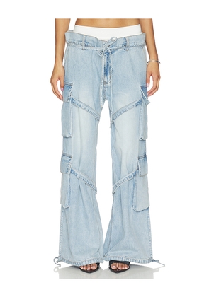MARRKNULL Faux Two-Piece Utility Jean in Blue. Size XS. Also in S, M.