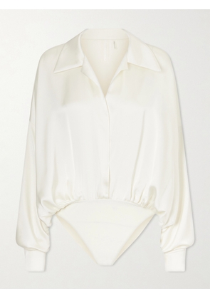 Norma Kamali - Boyfriend Shirt Satin Bodysuit - White - xx small,x small,small,medium,large,x large
