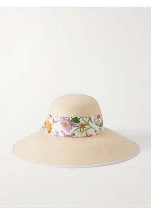 Gucci - Beverlie Floral-print Silk And Leather-trimmed Straw Hat - Neutrals - S,M,L,XL