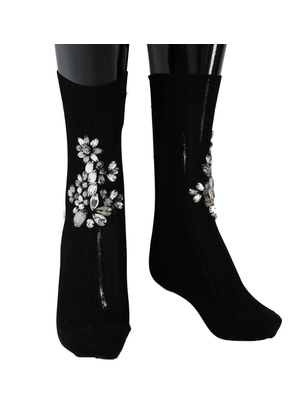 Dolce & Gabbana Black Knitted Floral Clear Crystal Socks - S