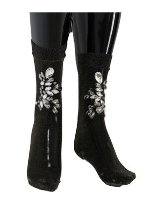 Dolce & Gabbana Black Stretch Floral Clear Crystal Socks - S