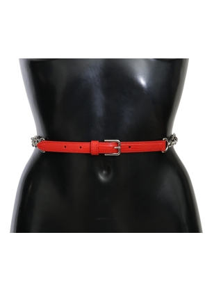 Dolce & Gabbana Red Leather Roses Floral Silver Waist Belt - 80 cm / 32 Inches