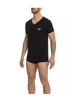 Cavalli Class Black Cotton Men's V-Neck T-Shirt - M