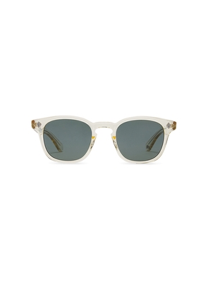 Garrett Leight Ace Sun in Pure Glass & Semi-Flat Blue Smoke in White.