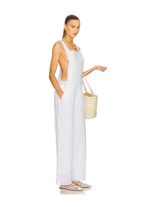 Helsa The Summer Overalls With Vintage Swiss Embroidery in White. Size L. Also in XS, S, M, XL.