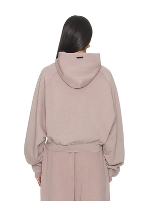 Fear of God ESSENTIALS Campus 90's Cropped Raglan Hoodie in Mauve. Size L. Also in XS, S, M.