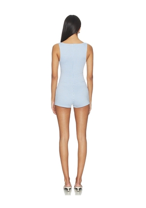 MORE TO COME Penelope Boat Neck Romper Blue Gingham in Blue. Size L. Also in XXS, XS, S, M, XL.
