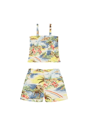 Polo Ralph Lauren Printed Rayon Challis Smocked Top With Short in Blue,Yellow. Size 2. Also in 3, 4, 6, 5.