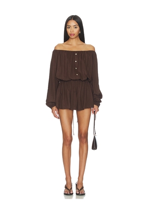 Tularosa Kai Linen Romper in Brown. Size L. Also in XXS, XS, S, M, XL.