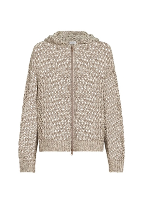 Brunello Cucinelli dazzling chiné net hooded cardigan in silk and linen with zipper - Neutrals