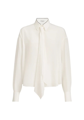 Brunello Cucinelli silk crêpe de Chine shirt with tie and shiny collar - White