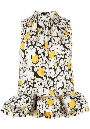 Lanvin floral-print ruffled charmeuse blouse - White