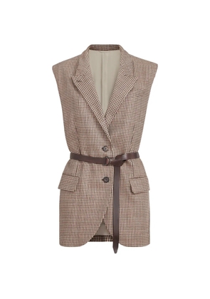 Brunello Cucinelli sparkling virgin-wool houndstooth vest with leather inserts, belt and monili - Neutrals