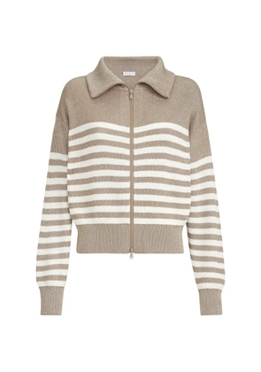 Brunello Cucinelli sparkling cotton striped English rib cardigan with zipper and monili - Neutrals
