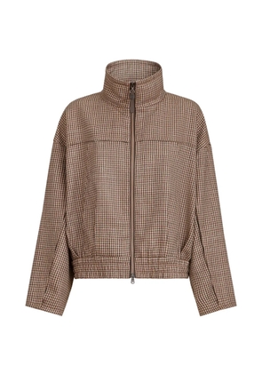 Brunello Cucinelli sparkling virgin-wool houndstooth outerwear jacket with leather piping and shiny zipper pull - Brown