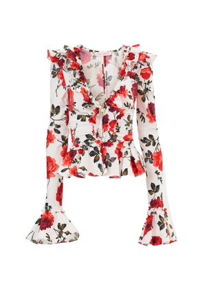 Carolina Herrera Ruched Stemmed-Rose-Printed Stretch-Cotton Top - Moda Operandi