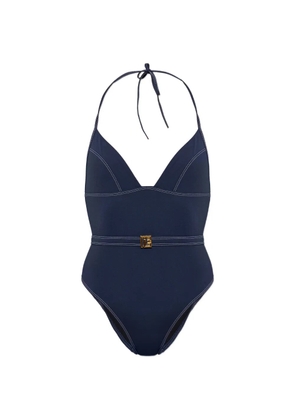 Balmain belted contrast-stitch swimsuit - Blue