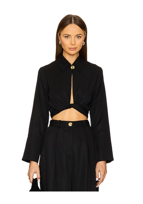 MATTHEW BRUCH Collared Long Sleeve Wrap Top in Black. Size 4. Also in 2.