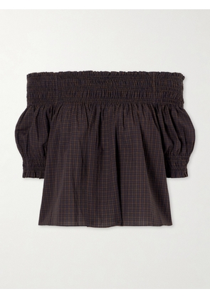 Matteau - Shirred Off-the-shoulder Checked Cotton Blouse - Brown - 1,2,3,4,5