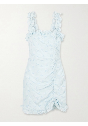 Alessandra Rich - Bow-embellished Floral-print Silk-satin Mini Dress - Blue - IT36,IT38,IT40,IT42,IT44,IT46