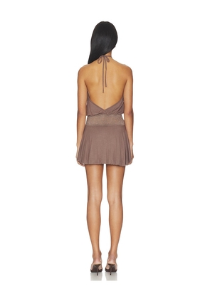 MORE TO COME Easton Halter Mini Dress in Brown. Size XXS. Also in L, XL.