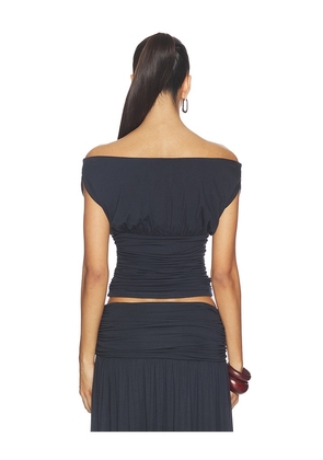 SEVEN WONDERS Avanni Off Shoulder Ruched Top in Navy. Size XS. Also in S, M, L, XL.