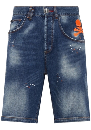Philipp Plein skull-embroidered denim shorts - Blue