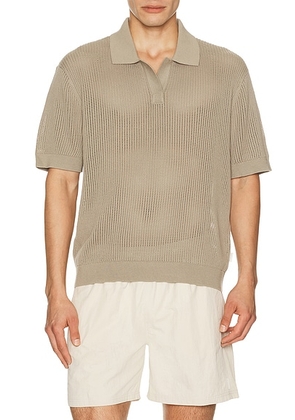 AUTO-REPLY Knit Mesh Johnny Collar Polo in Pumice - Olive. Size S (also in L, M, XL/1X).