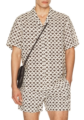 AUTO-REPLY Alex Printed Short Sleeve Linen Shirt in Relic Saltstone - Cream. Size S (also in L, M, XL/1X).