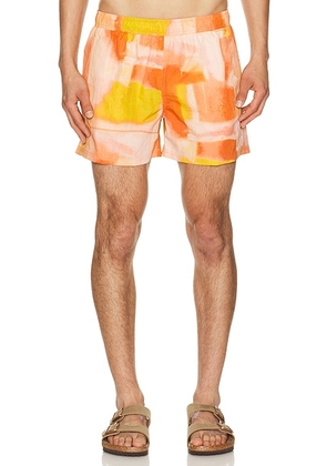 AUTO-REPLY 4 Printed Sebastian Swim Trunk in Painterly Blur - Orange. Size S (also in L, M, XL/1X).