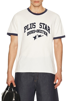 Duke + Dexter Plus Star Flock Printed Ringer Tee in Vintage White - White. Size L (also in M, S, XL/1X).
