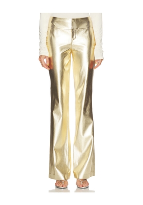 Alice + Olivia Olivia Faux Leather Fit And Flare Bootcut Pant in Metallic Gold. Size 4. Also in 2, 8.