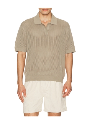 AUTO-REPLY Knit Mesh Johnny Collar Polo in Olive. Size S. Also in L, M, XL/1X.