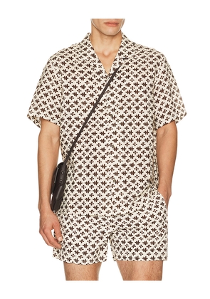 AUTO-REPLY Alex Printed Short Sleeve Linen Shirt in Cream. Size S. Also in L, M, XL/1X.