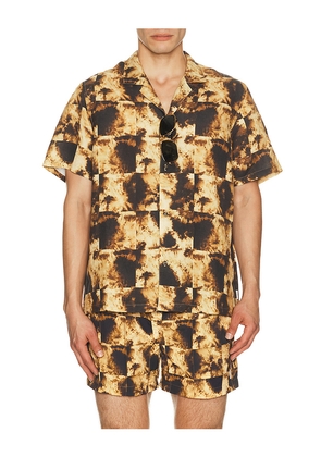 AUTO-REPLY Alex Printed Short Sleeve Linen Shirt in Brown. Size S. Also in L, M, XL/1X.