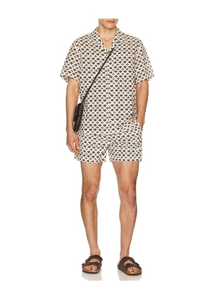 AUTO-REPLY 4 Printed Sebastian Swim Trunk in Cream. Size S. Also in M, L, XL/1X.