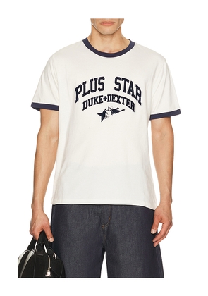 Duke + Dexter Plus Star Flock Printed Ringer Tee in White. Size L. Also in XL/1X.