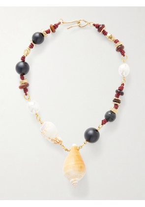 TOHUM - Samsara Gold-plated, Onyx, Leather And Seashell Beaded Necklace - Neutrals - One size