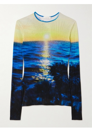 RABANNE - Crystal-embellished Printed Jersey T-shirt - Blue - FR 34,FR 36,FR 38,FR 40,FR 42,FR 44,FR 46