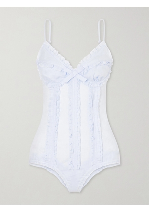 SHUSHU/TONG - Bow-embellished Ruched Linen Bustier Bodysuit - Blue - UK 6,UK 8,UK 10,UK 12,UK 14,UK 16