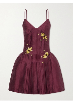 SHUSHU/TONG - Bead And Sequin-embellished Plissé Linen-blend Mini Dress - Burgundy - UK 6,UK 8,UK 10,UK 12,UK 14