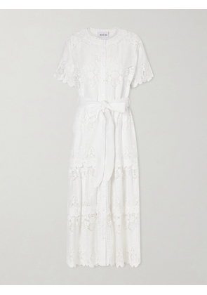 Miguelina - Romilly Belted Embroidered Cotton And Linen-blend Midi Dress - Neutrals - x small,small,medium,large