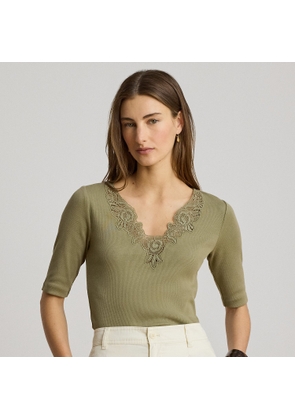 Lace-Trim Rib-Knit Cotton-Blend Top