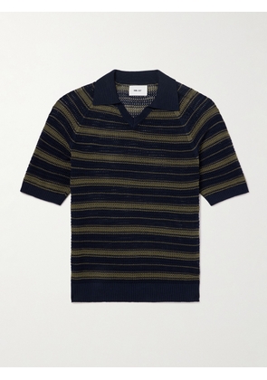 NN07 - Cale 60056 Striped Pointelle-Knit Linen and Cotton-Blend Polo Shirt - Men - Black - S